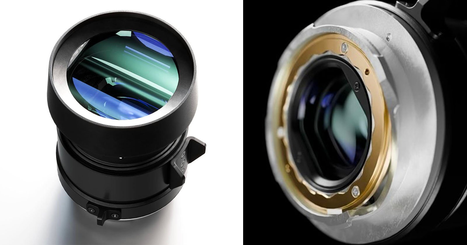 Side-by-side close-up photos of a camera lens. The left image shows the front glass element and barrel against a white background. The right image shows the metallic lens mount and rear glass element on a black background.