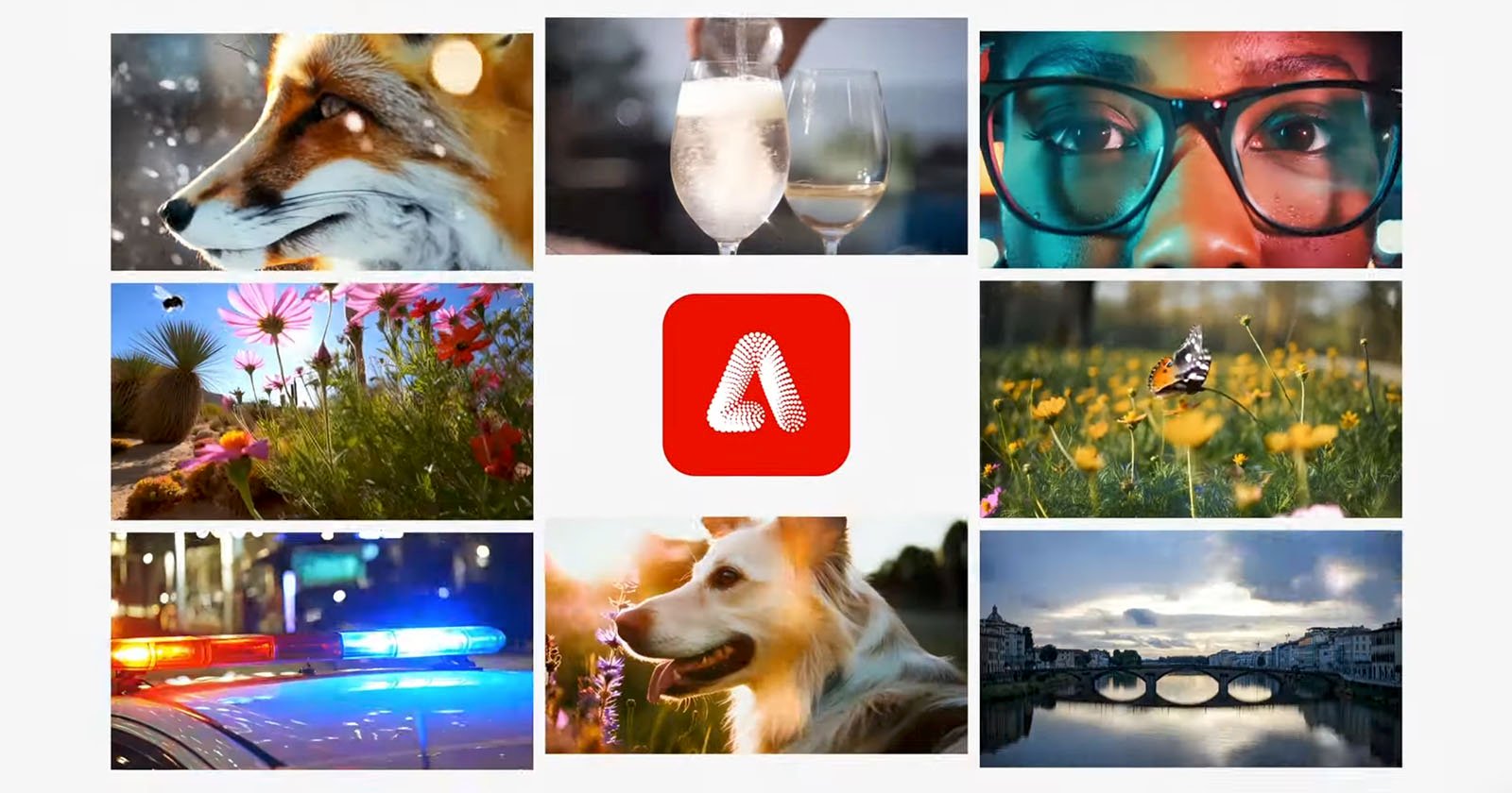 A collage of eight images surrounds a red square with a white A logo. The images include a fox, cocktails, a person's eyes behind glasses, flowers, a butterfly, police car lights, a dog, and a scenic river with a bridge.