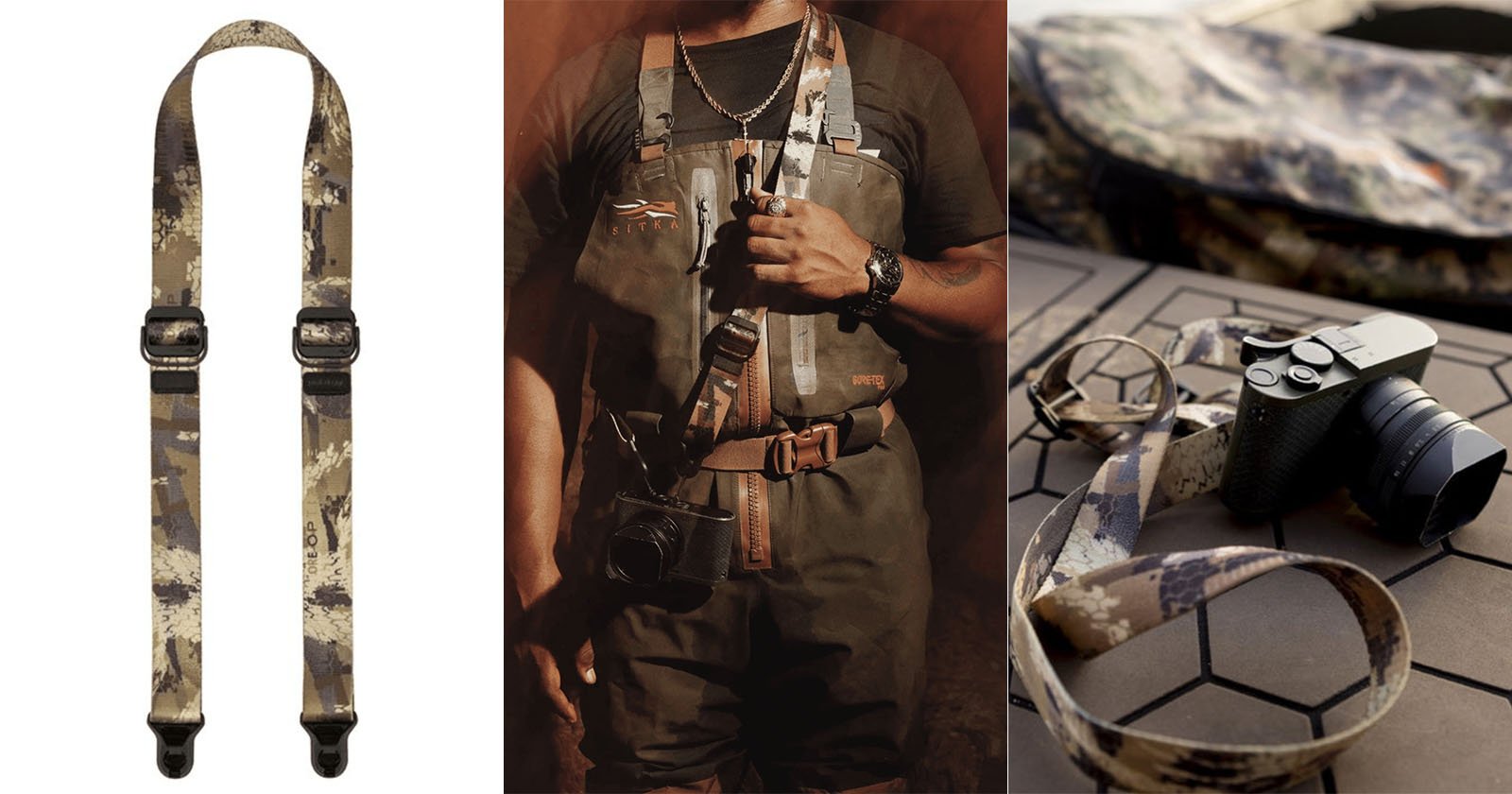 A camouflage-patterned camera strap shown alone, worn across the chest by a person in outdoor gear, and attached to a camera lying on a table next to a matching camouflage bag.