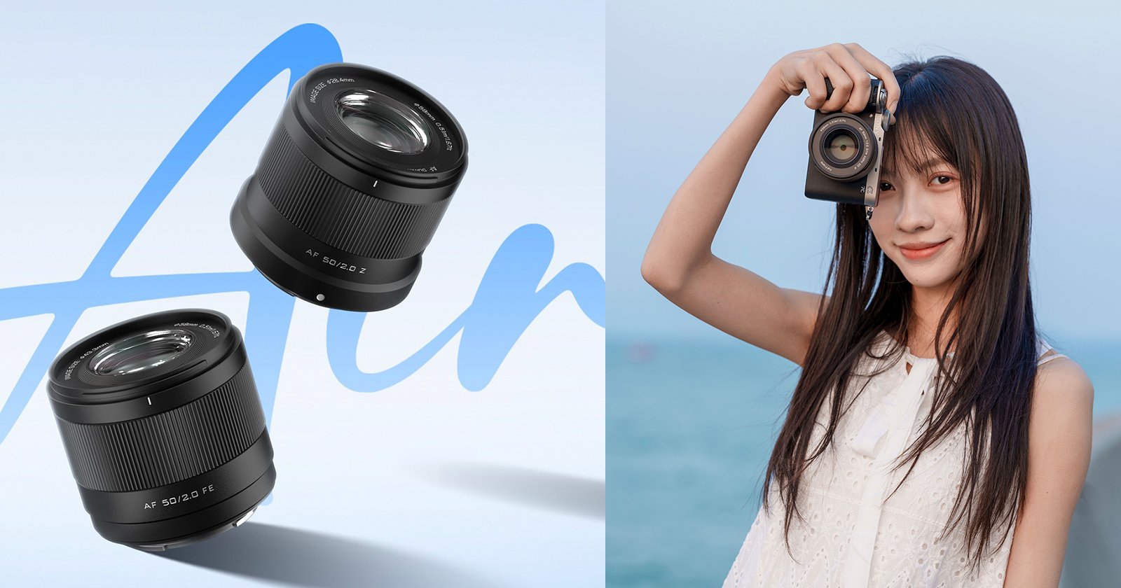 A woman with long hair smiles while holding a camera up to her eye. On the left, there are two camera lenses floating against a light blue background.
