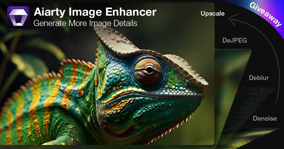 A vibrant and detailed close-up of a chameleon under the title Aiarty Image Enhancer: Generate More Image Details. Arrows point to features including Upscale, DeJPEG, Deblur, and Denoise. A label on the right side of the image says Giveaway.