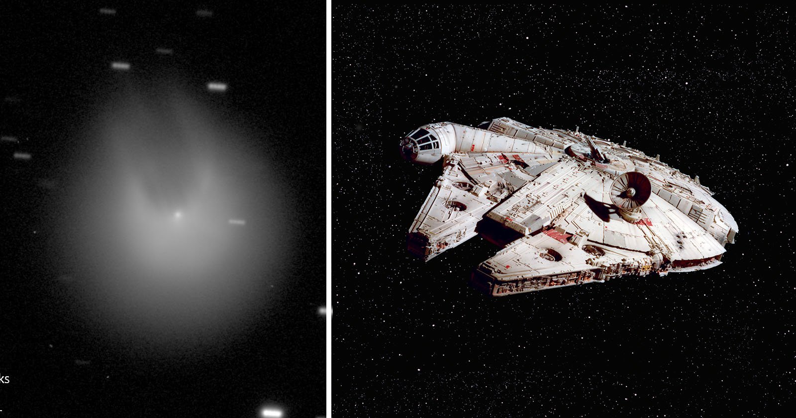 The comet and the Millennium Falcon starship.