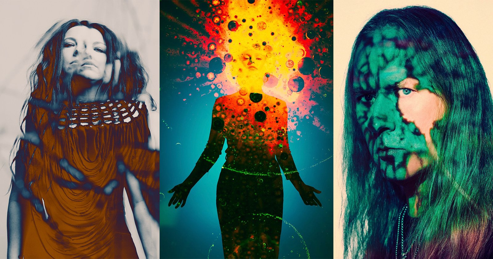Three surreal portraits are displayed. The first shows a person with multiple blurred faces; the second depicts a silhouette with a vibrant, cosmic explosion of colors above; and the third features a person with long hair, overlaid with green organic patterns.