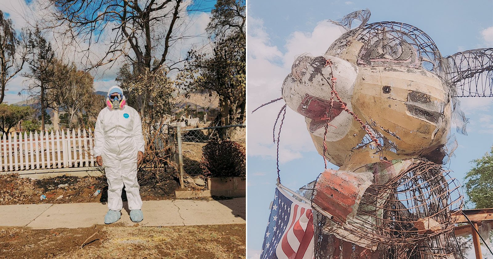 Left: A person in a white hazmat suit and protective mask stands on a sidewalk with a burned landscape and trees behind. Right: A damaged, wireframe sculpture of an animal with tattered American flags, set against a blue sky.