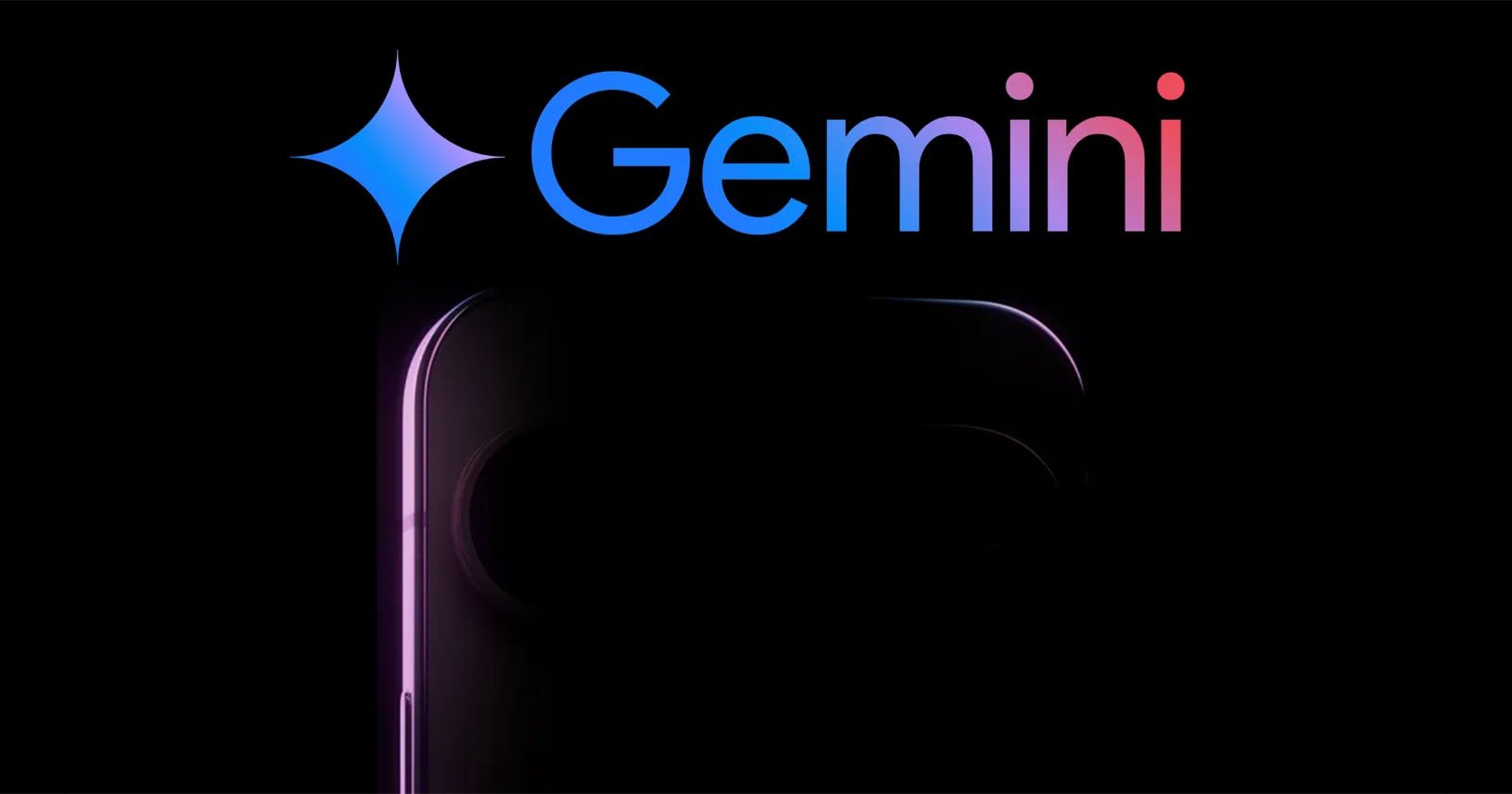 A mysterious, partially visible smartphone with a sleek design is cast in shadows against a black background. Above it, the word Gemini is displayed in gradient blue and pink text next to a stylized blue star.