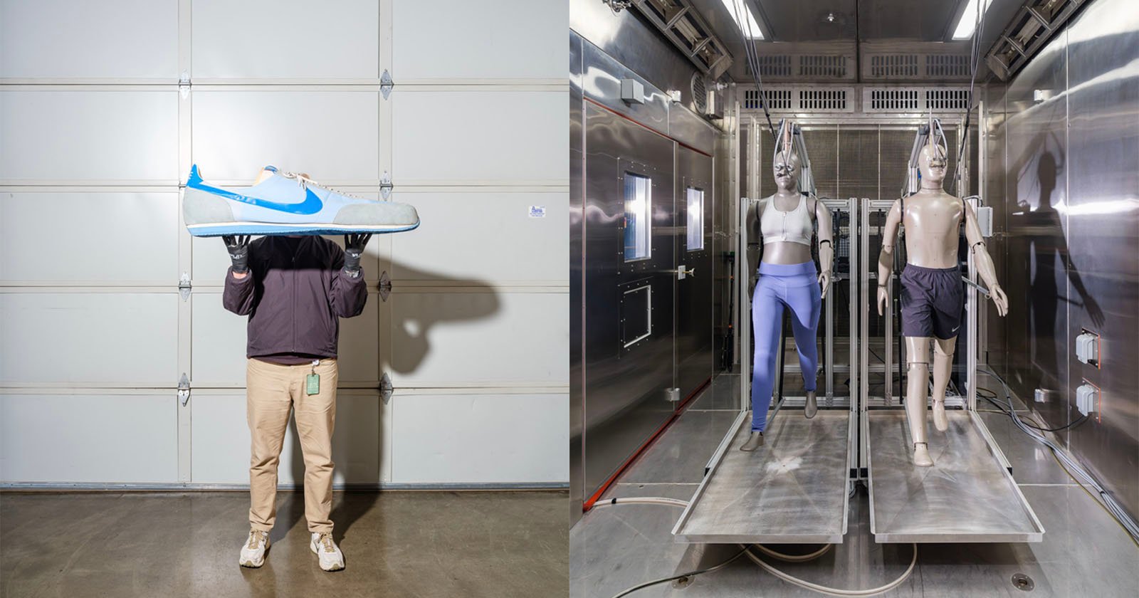 A person holds a giant light blue sneaker with a blue swoosh. To the right, two mannequins, dressed in athletic wear, are on treadmills in a metallic lab environment.