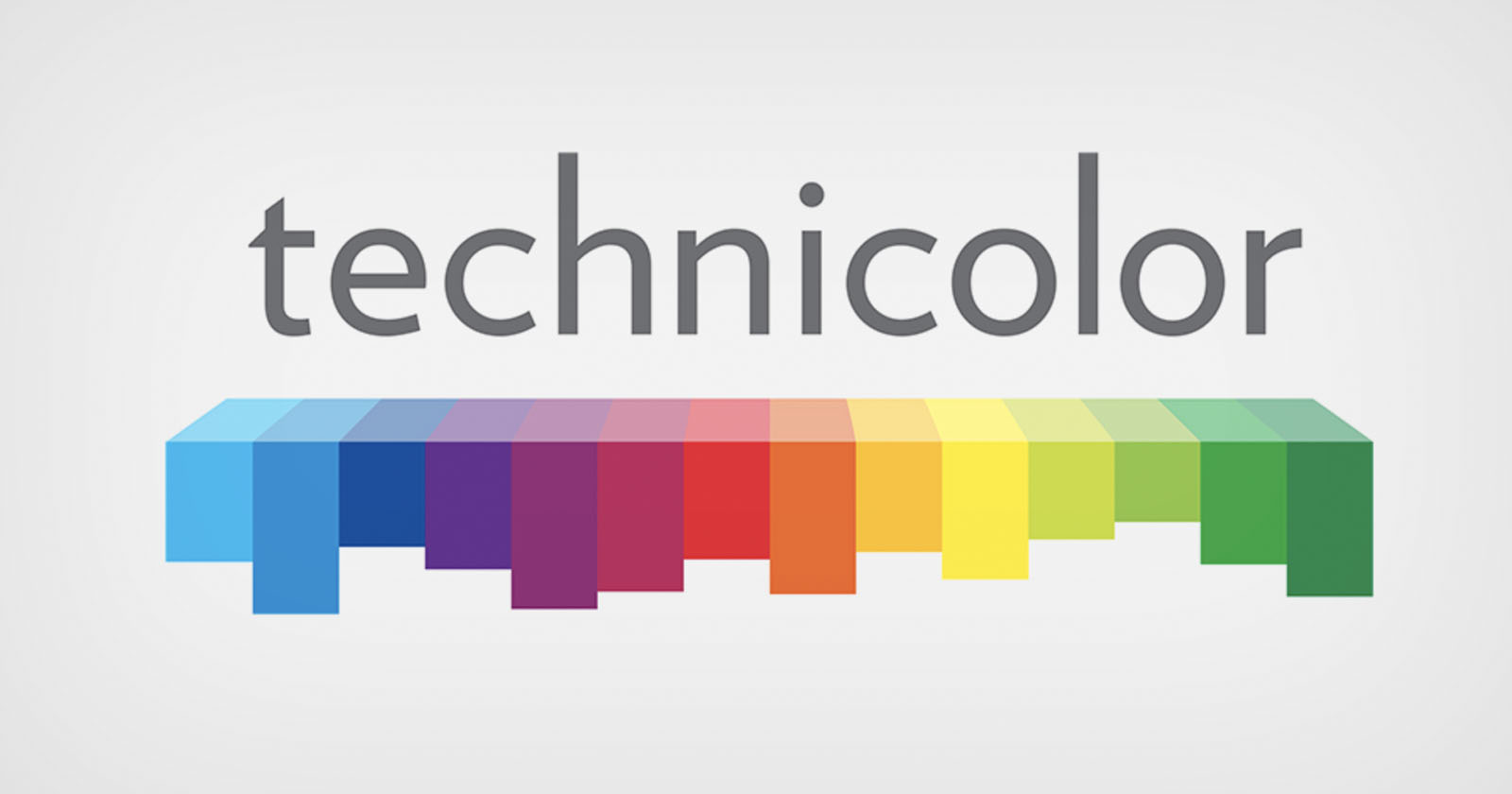 Technicolor logo with the word technicolor in gray above a horizontal row of overlapping colored rectangles ranging from blue to green, yellow, red, and purple, set against a white background.