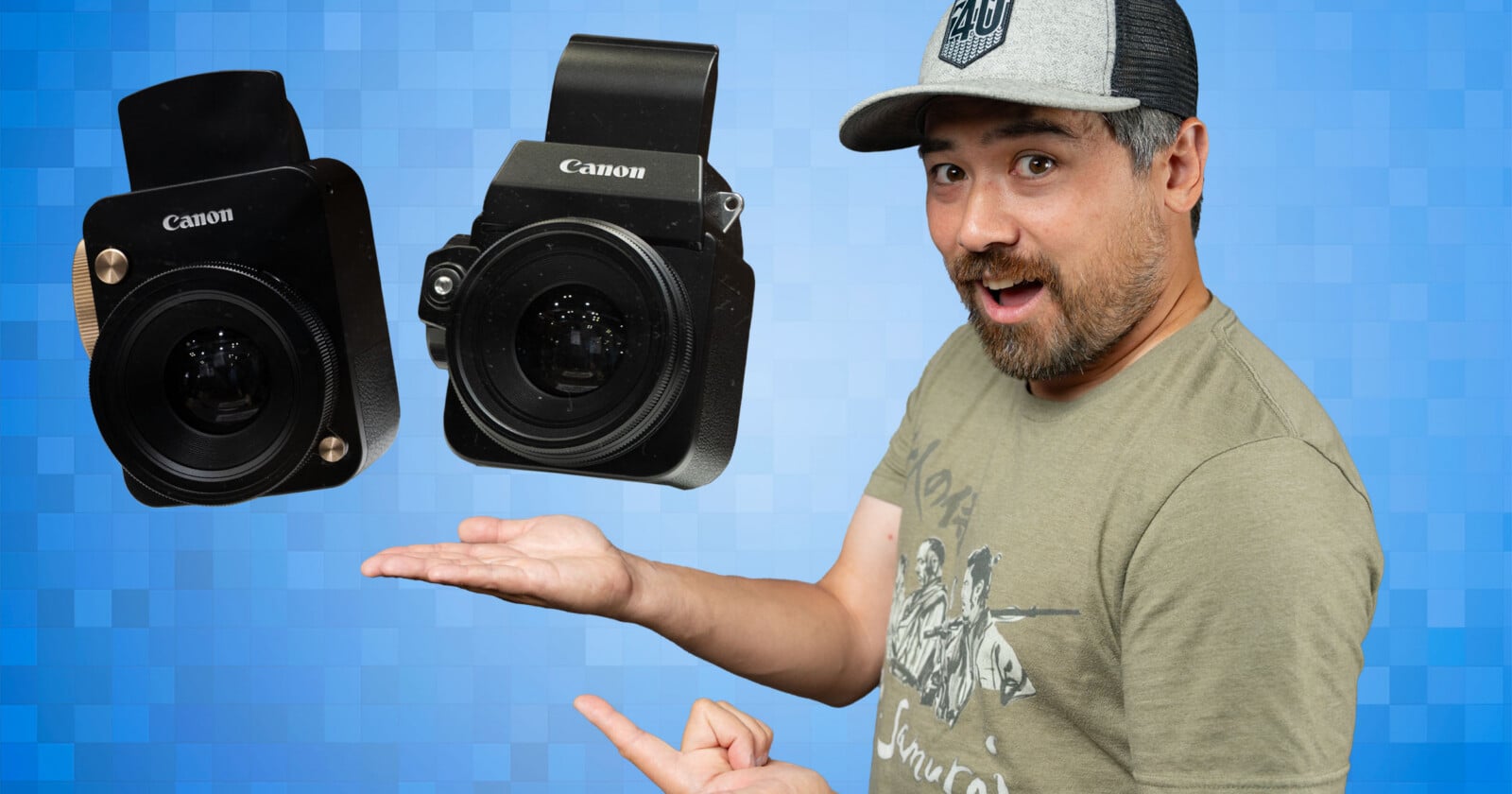 A man in a cap and t-shirt smiles and points at two black Canon cameras floating above his open hand against a blue pixelated background.