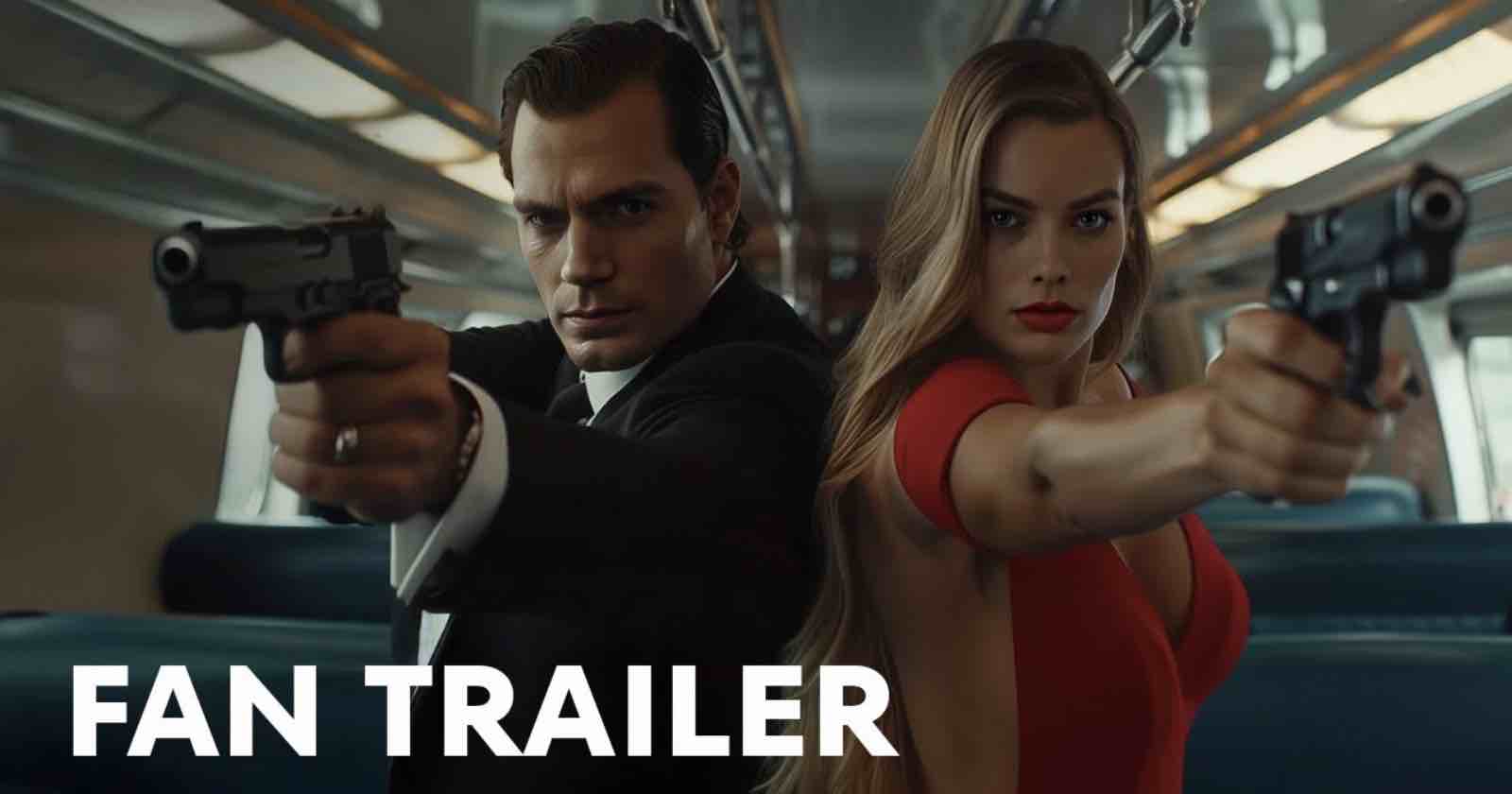 A man in a suit and a woman in a red dress sit side by side on a train, both aiming pistols forward with serious expressions. The words FAN TRAILER are displayed in bold white text at the bottom left.