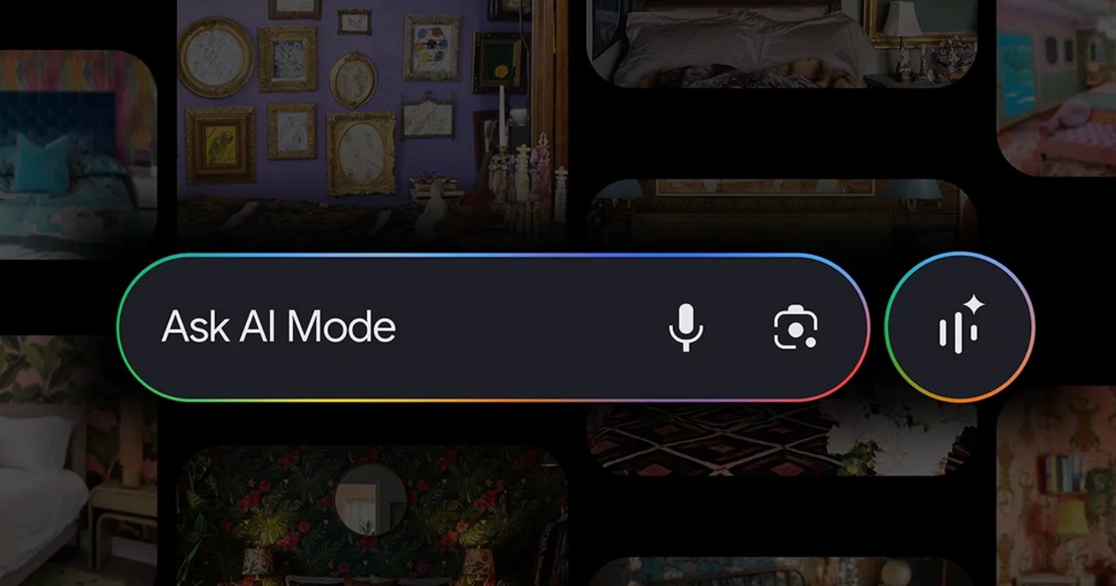 A digital interface with a search bar labeled Ask AI Mode, showing microphone, camera, and equalizer icons, overlaid on a background of blurred, colorful images and framed artwork.