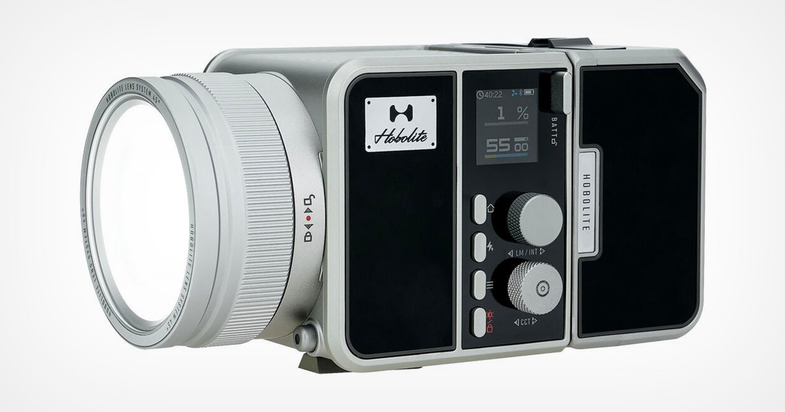 A modern silver and black video camera with a large lens on the left and an LED display screen in the center showing 55 and other settings. The camera features multiple buttons, dials, and a prominent Hobolite brand logo on the front.