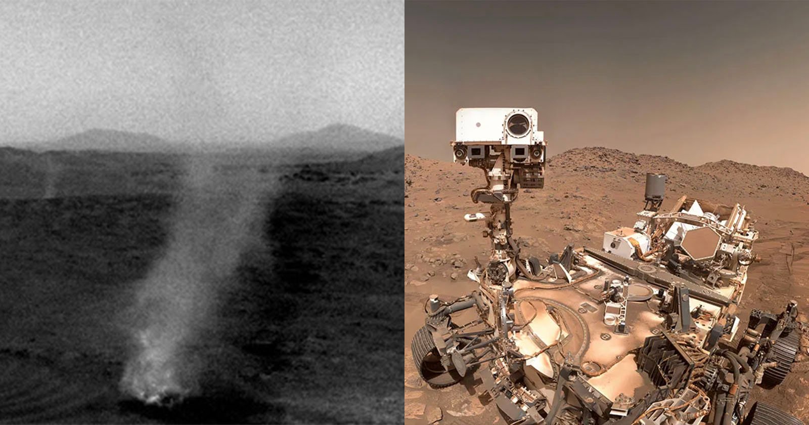 Left: A black-and-white image of a dust devil swirling on a barren Martian landscape. Right: A color image of a Mars rover with detailed instruments against a rocky Martian backdrop under a dusty sky.