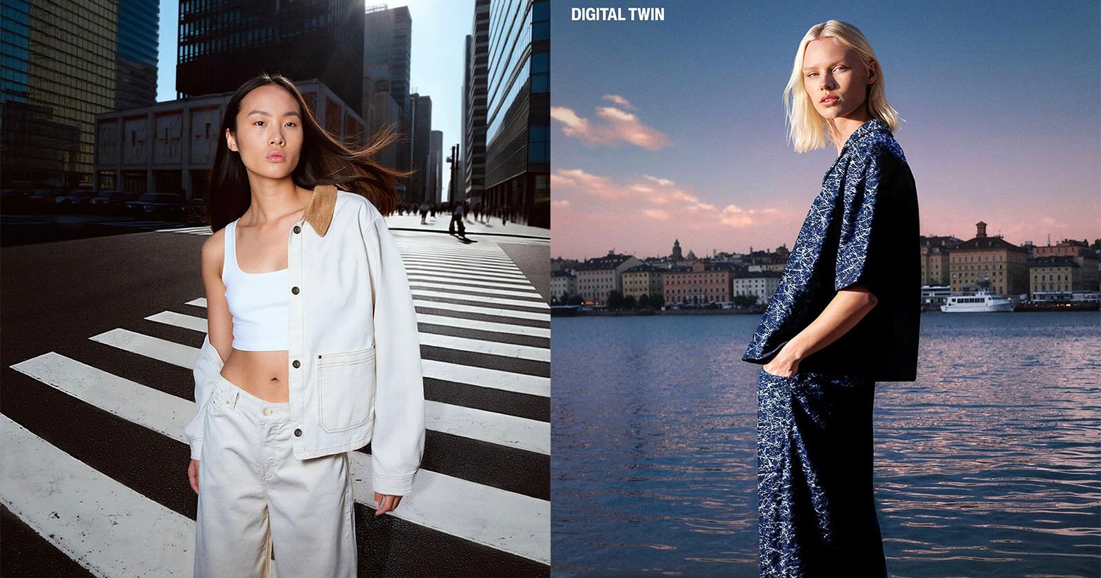 Split image: On the left, a woman in a white outfit stands on a city street crosswalk. On the right, a woman in a dark blue outfit stands by the water with a cityscape in the background and DIGITAL TWIN text above her.