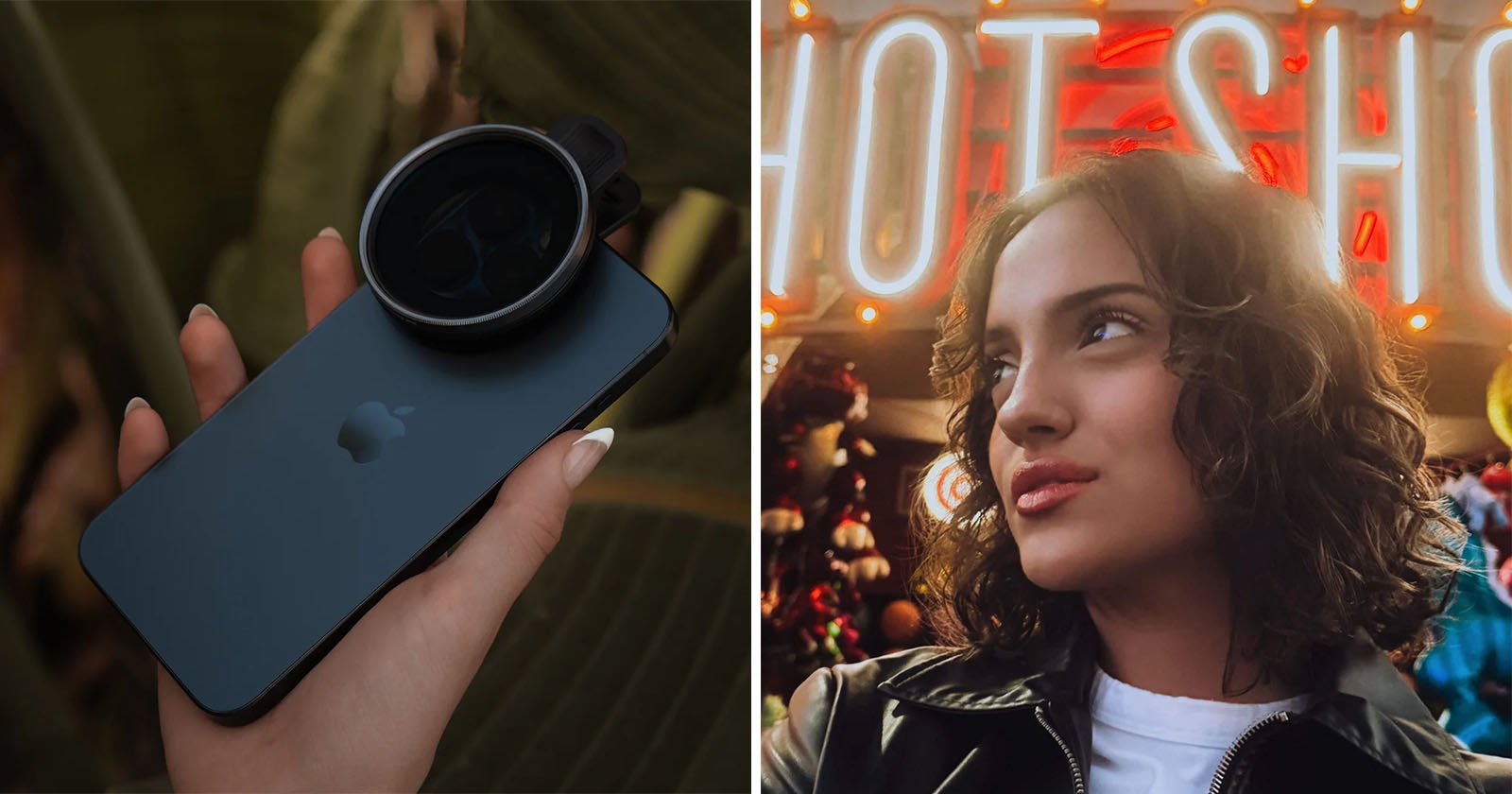 On the left, a hand holds a black iPhone with a clip-on lens attached. On the right, a person with short curly hair and a leather jacket stands in front of a neon sign that reads HOT SHO with various decorations in the background.