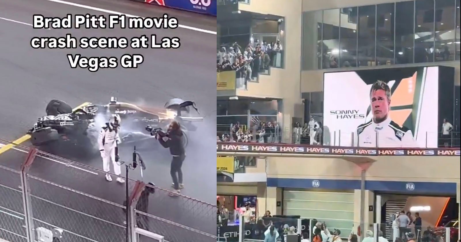 A Formula 1 car crashes on a racetrack, emitting smoke, with a camera crew filming nearby. Spectators watch from a building overlooking the track. A large screen shows a person in a racing suit. Text reads Brad Pitt F1 movie crash scene at Las Vegas GP.