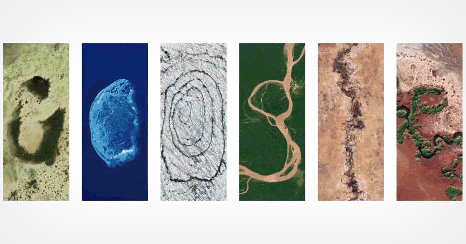 Six aerial satellite images showcasing diverse landscapes: an island, marine life, geological formations, river patterns, and differently structured terrains. each image highlights unique natural patterns and colors.