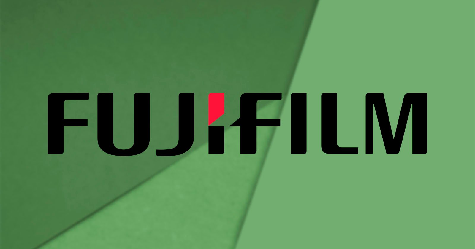 The image displays the Fujifilm logo on a green geometric background. The logo features the word Fujifilm in bold black letters, with a red accent on the letter i.