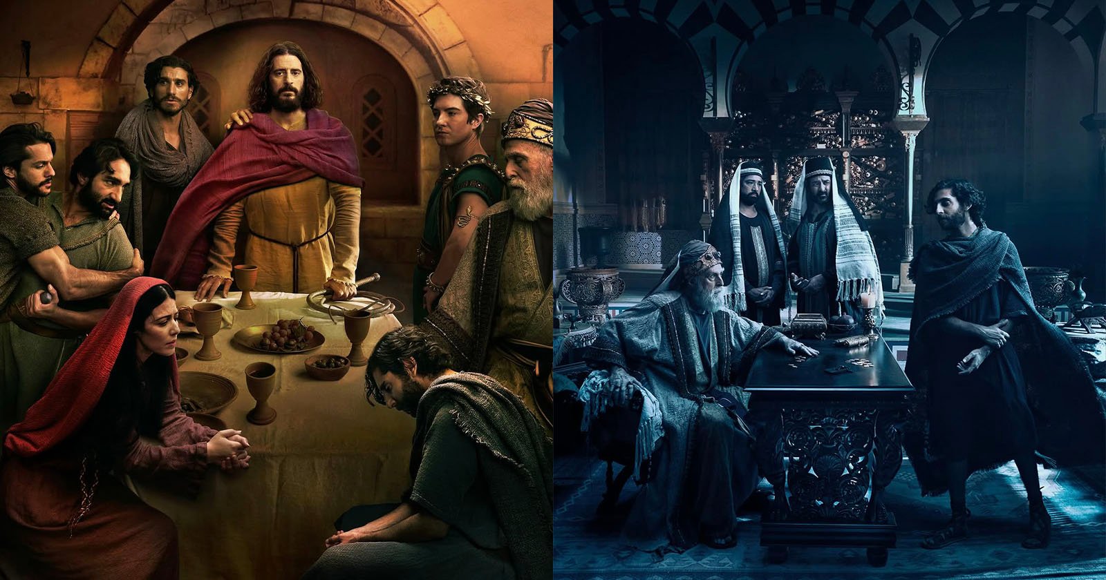 Two contrasting scenes: left shows a historic banquet with people in ancient attire gathered around a table; right depicts a group of individuals in traditional Middle Eastern clothing in a dimly lit, ornate room with intricate wooden decor.