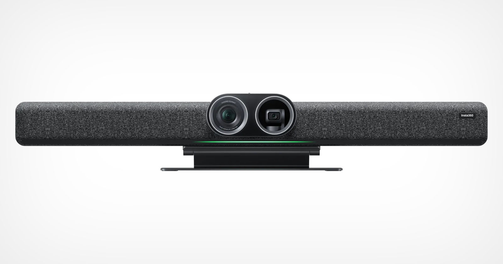 A sleek, modern soundbar-style video conferencing device with a grey fabric front, featuring a camera and sensors in the center. The device is predominantly black with a minimalist design, suitable for mounting under a monitor or on a conference room table.