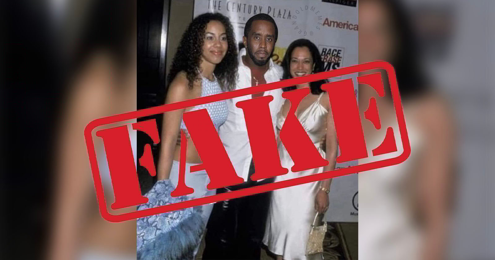 A group of three people is posing in front of a step-and-repeat banner. The image is overlaid with a bold red stamp that reads FAKE. The group consists of two women and one man, all dressed formally. The background includes logos and text from the event.
