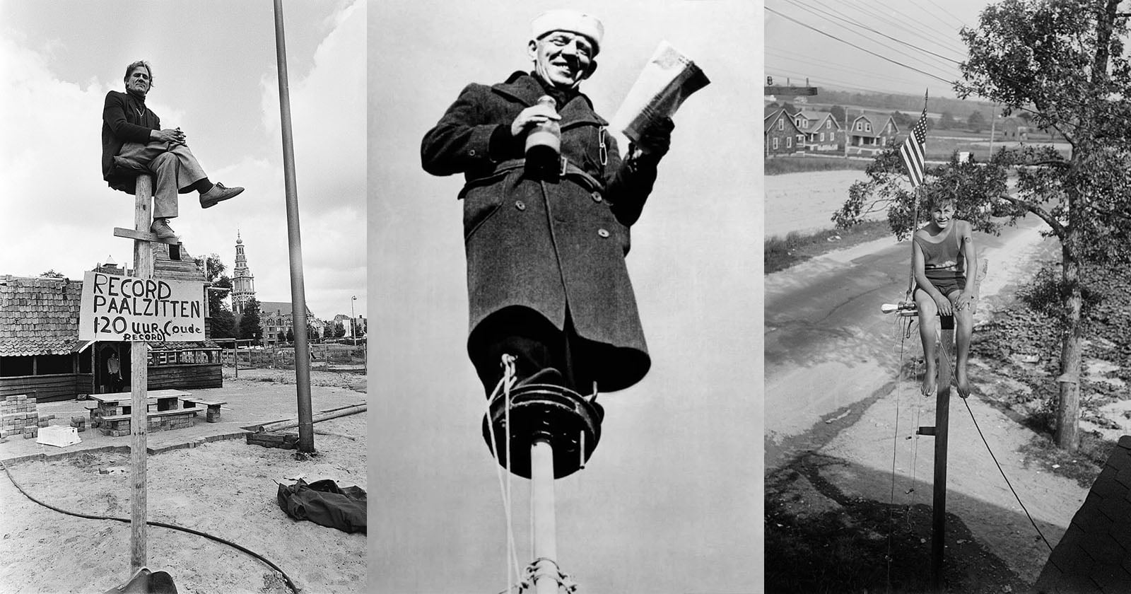 Three black-and-white photos of people sitting atop tall poles, each holding on for balance. The left image has a Record Paalzitten sign, the middle shows a man in a coat, and the right features a woman with an American flag.