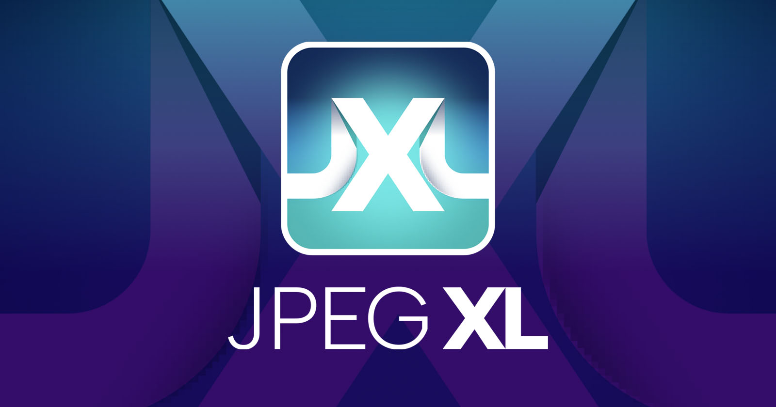 An abstract graphic features a teal and white JPEG XL logo in the center, with large, bold letters spelling JPEG XL beneath it. The background consists of gradient shades of blue and purple, forming geometric shapes.