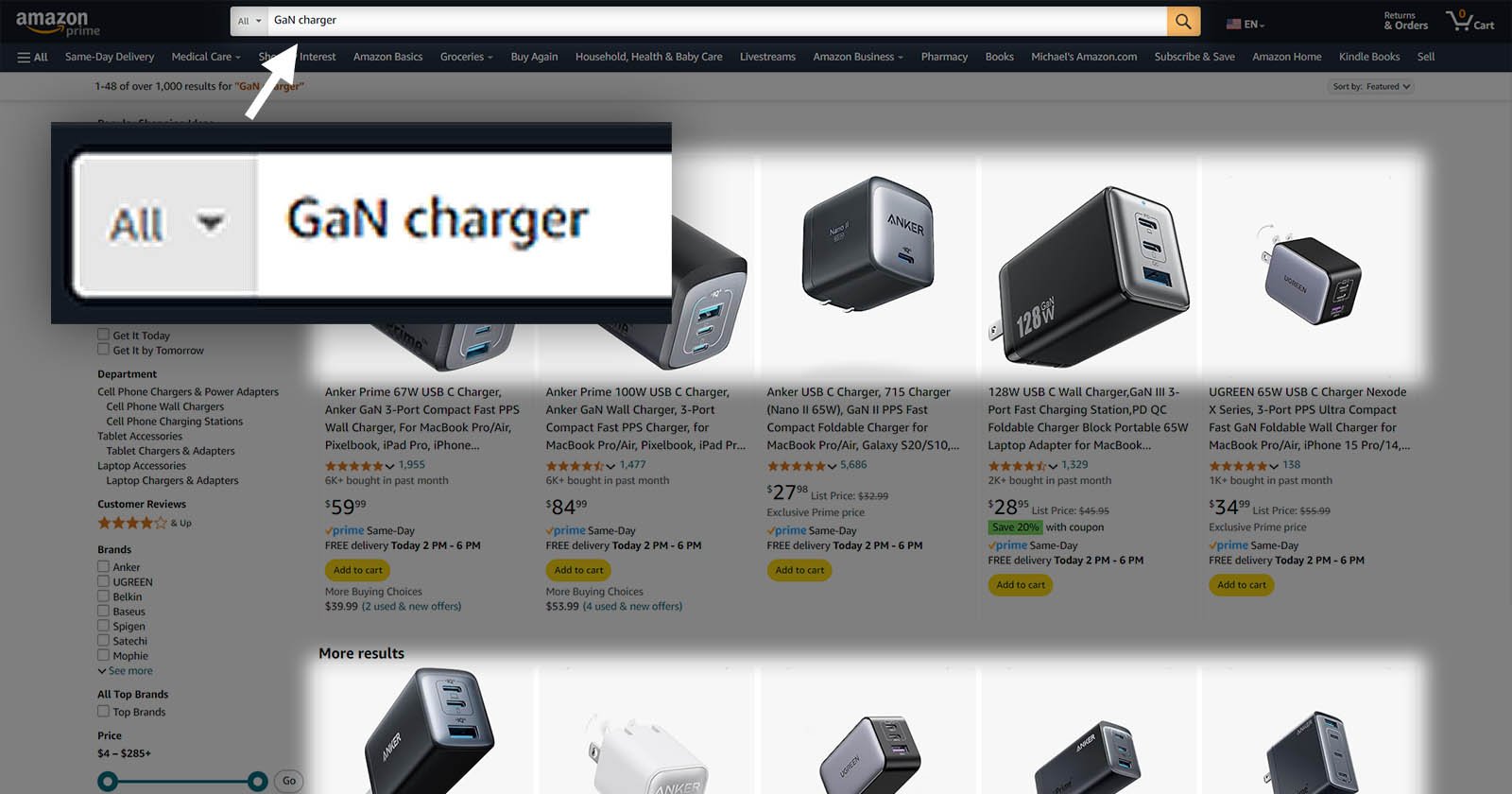 Screenshot of an Amazon search results page displaying GaN chargers. The search term GaN charger is highlighted in the search bar, and various GaN chargers from different brands are shown with their prices, ratings, and Prime availability.