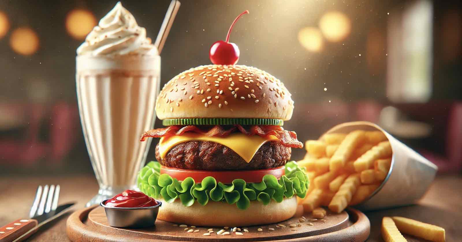 A cheeseburger topped with lettuce, tomato, bacon, pickles, and a cherry on a wooden board. Beside it is a cup of fries and a small dish of ketchup. A tall milkshake with whipped cream and a straw is in the background.