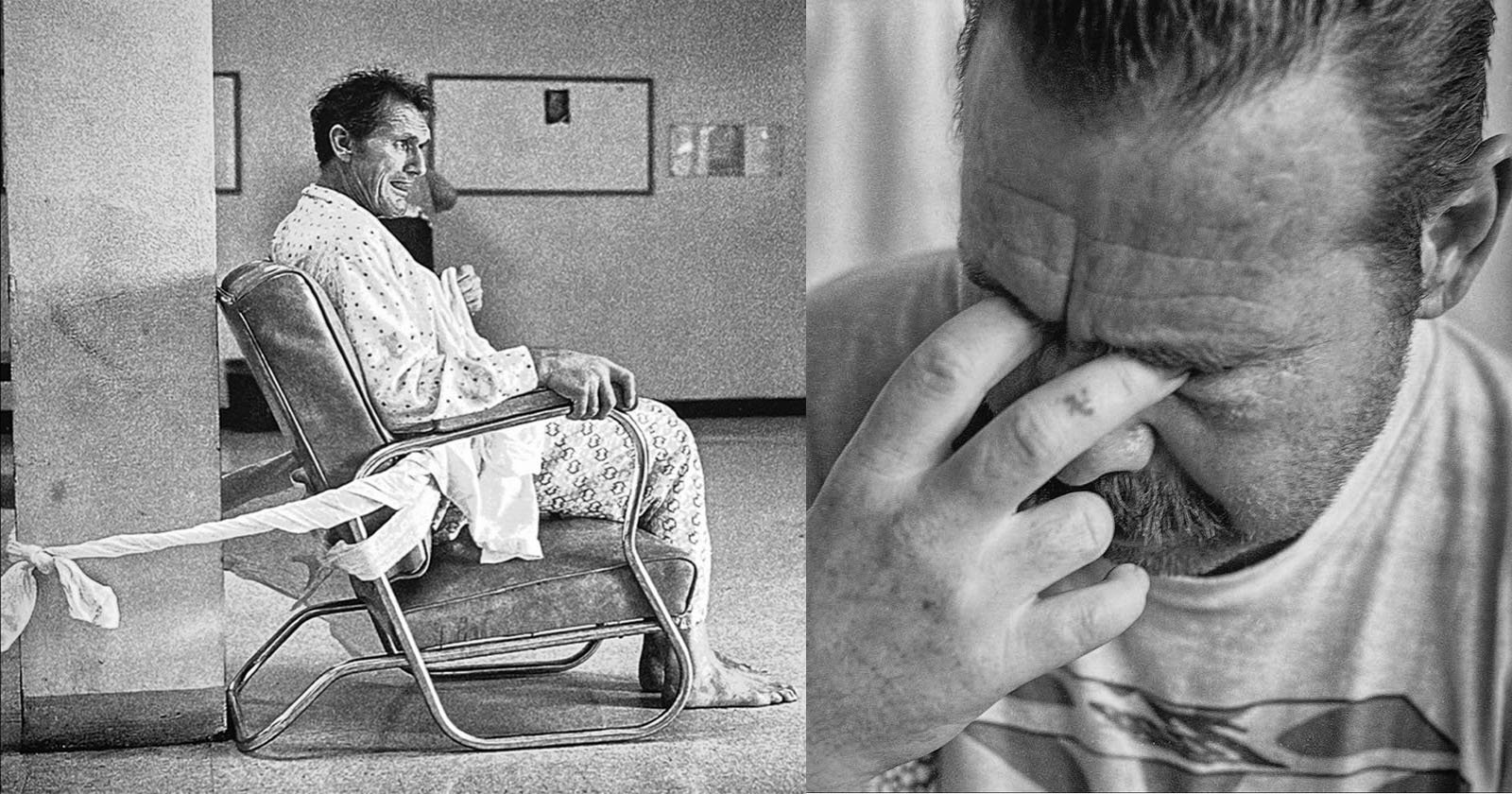 Black-and-white photo showing a man in a hospital gown tied to a chair, looking distressed, and another close-up of a man pinching his nose, appearing stressed or emotional.