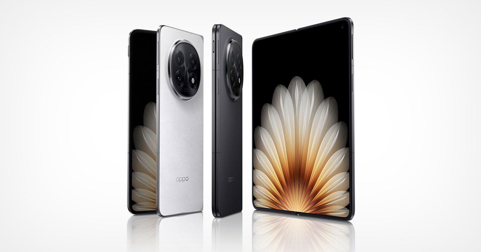 Four smartphones are displayed against a white background. Two have their back sides visible, one in silver and one in black, both featuring a circular camera module. The other two show their front screens displaying a floral pattern.