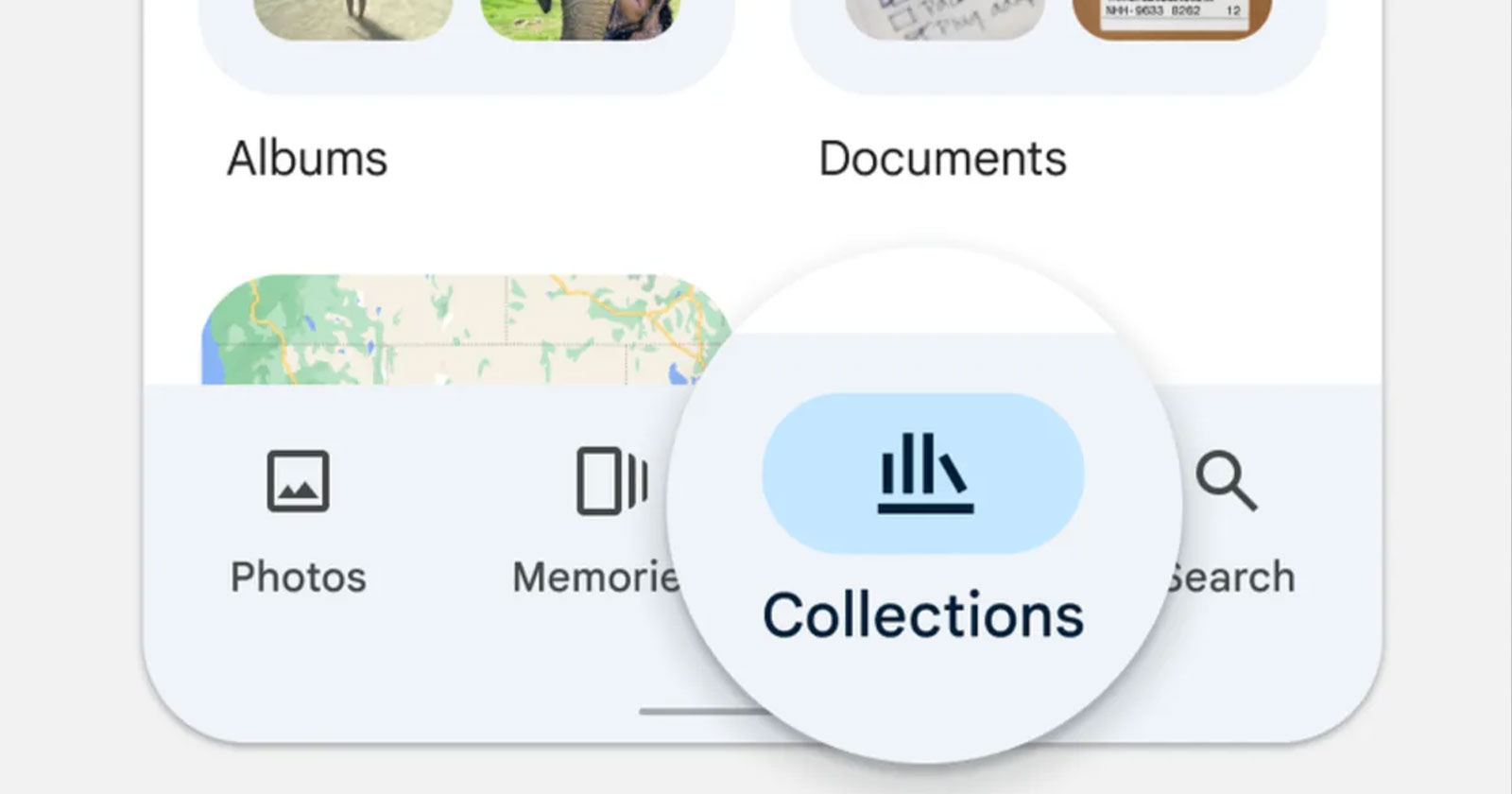 Close-up of a mobile app interface showing various tabs: Photos, Memories, Collections (zoomed in with an icon resembling stacked bars), and Search. Partial sections of Albums and Documents tabs are visible at the top. Background includes a map fragment.