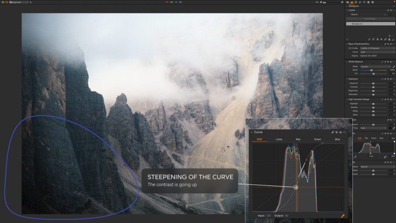 A screenshot of using Curves to edit a photo in Capture One 22