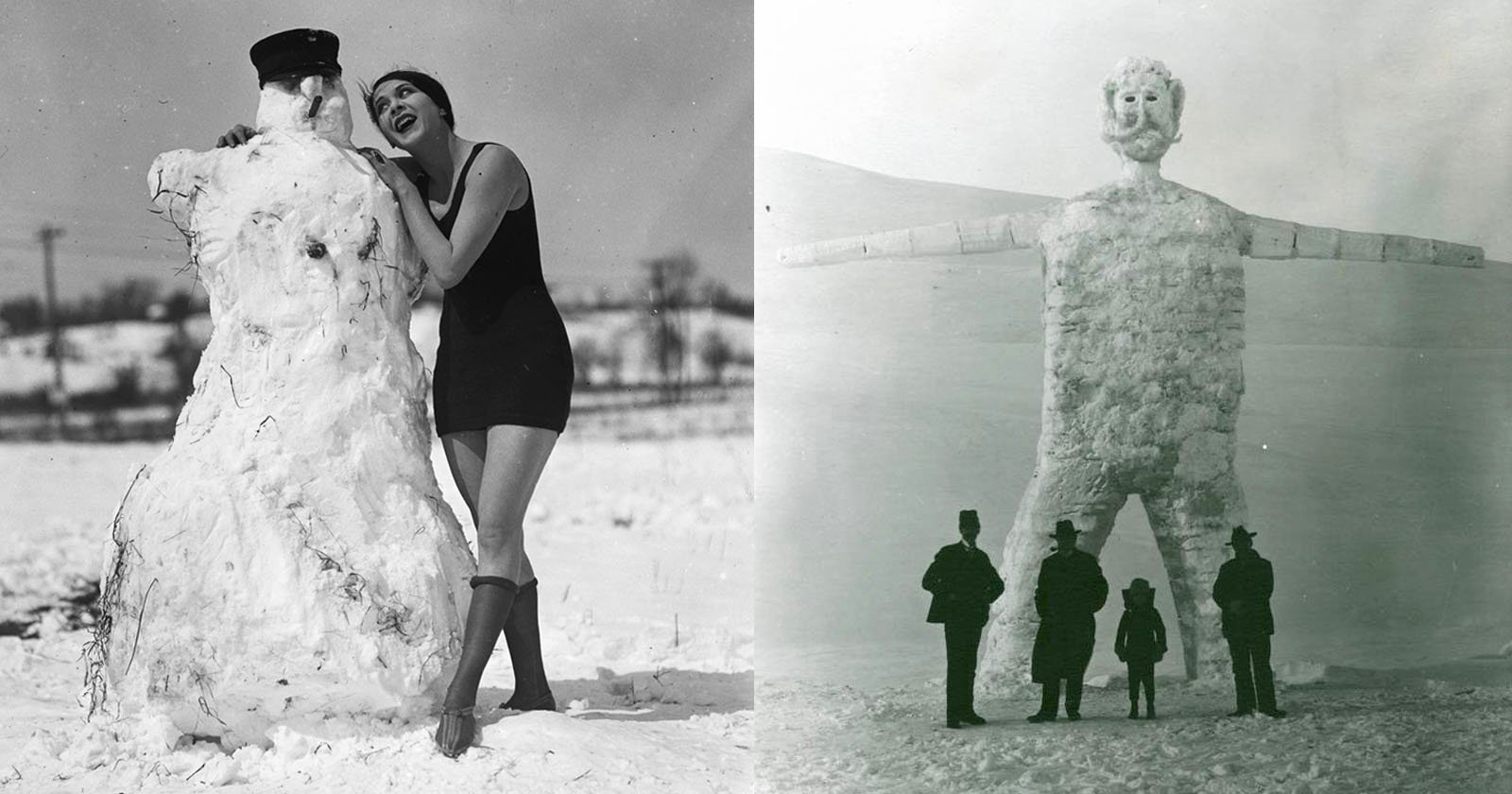 Left: A woman in a bathing suit and boots poses playfully with a snowman wearing a hat. Right: Four people stand in front of a giant snow figure with outstretched arms in a snowy landscape.