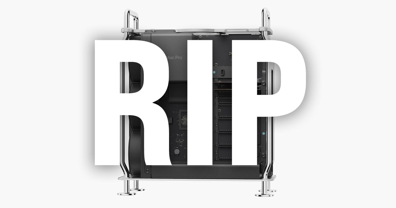 A computer tower with its side panel removed is shown in the background. The large white letters RIP are overlaid across the center of the image.