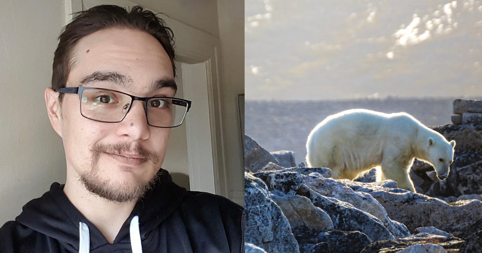 A person with glasses and a goatee smiles indoors on the left; on the right, a polar bear walks among rocks in an outdoor, icy landscape.