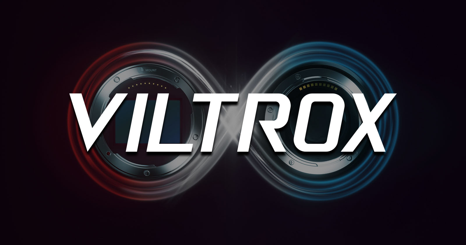 The image features the word VILTROX in bold white letters over two camera lens mounts arranged in an infinity symbol, with red and blue light effects on a dark background.