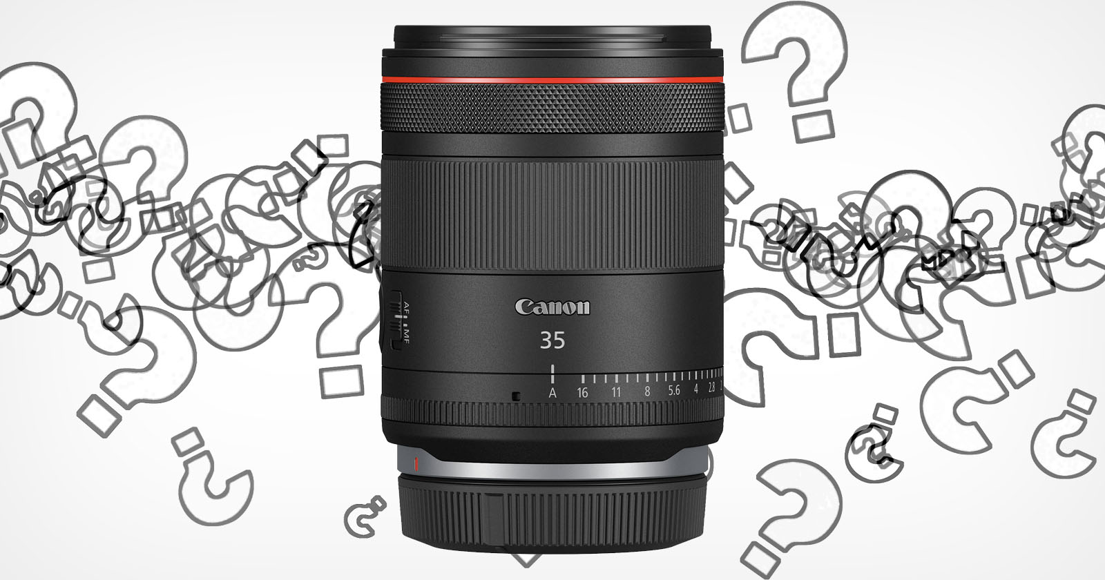 A Canon RF 35mm lens is shown prominently centered against a white background with scattered light gray question marks. The lens features a sleek black design with a red ring near the top and the Canon logo, 35 and other lens details visible.