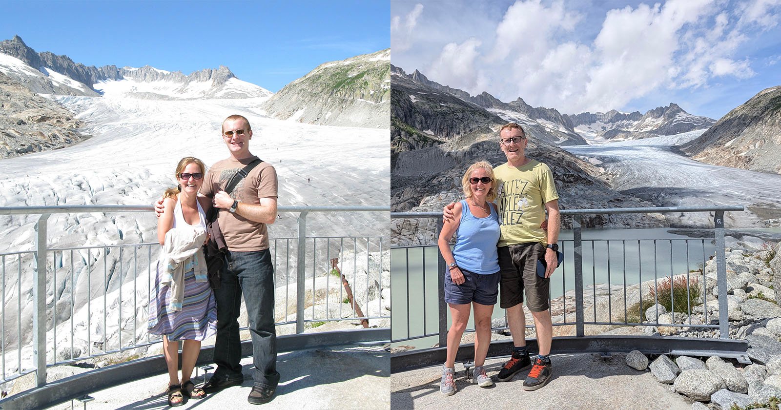 A composite image featuring a couple standing in front of a glacier. The left side shows them years ago, while the right side shows them more recently. Both images capture the same scenic background of a glacier surrounded by rocky mountains and a cloudy sky.