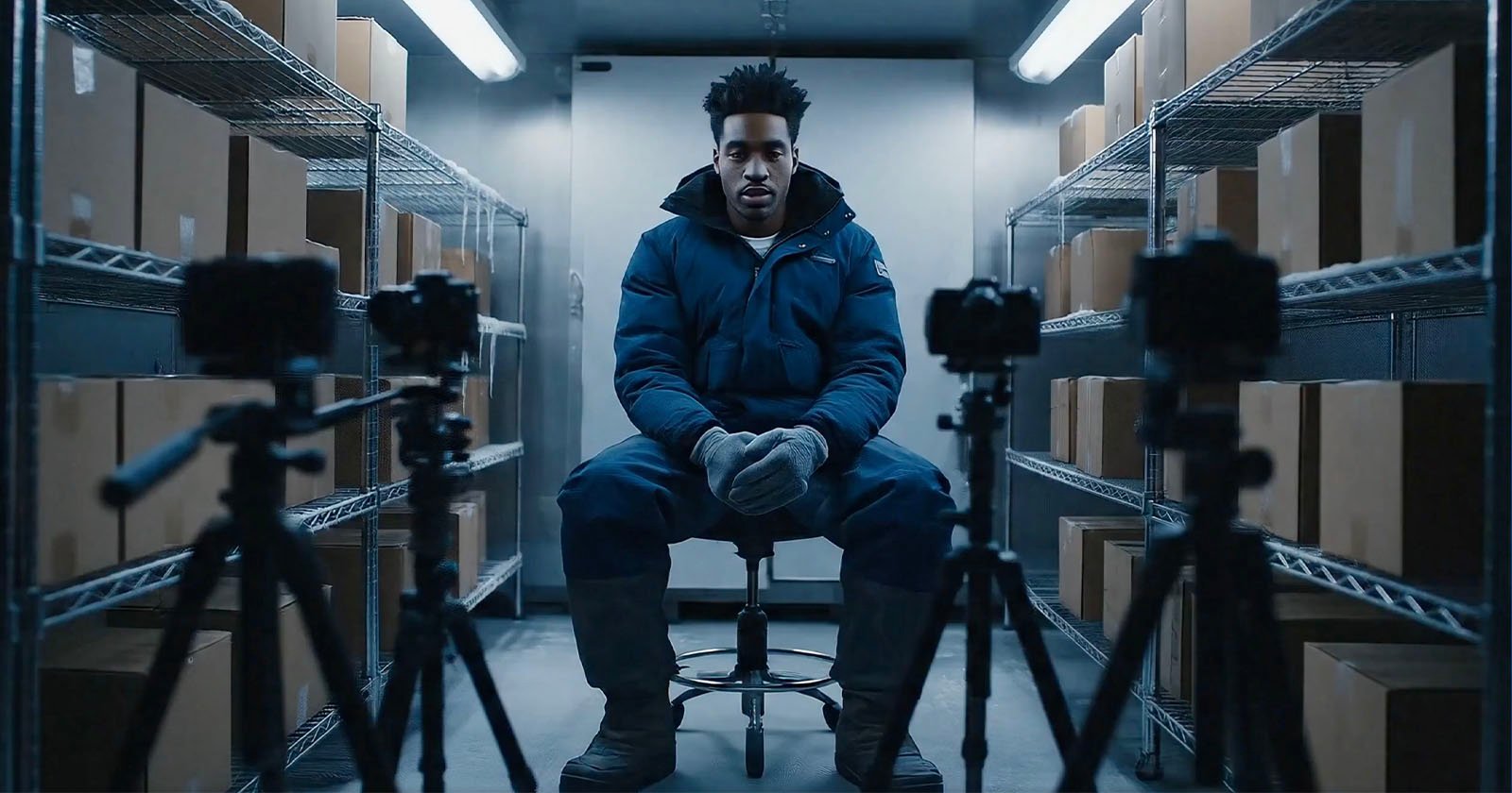 A man in a blue winter jacket and gloves sits on a stool in a storage room lined with metal shelves and cardboard boxes. He faces two cameras on tripods, with bright overhead lights illuminating the scene.
