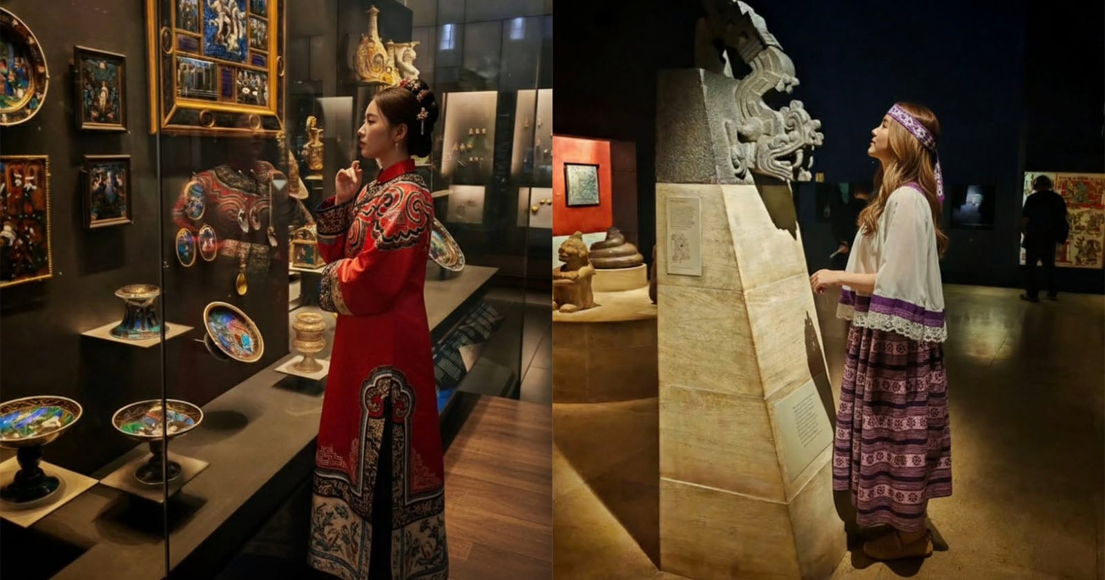 Two women in traditional clothing admire artifacts in a museum; one wears a red embroidered gown and studies ornate plates and paintings, while the other in a purple outfit observes a large stone sculpture.