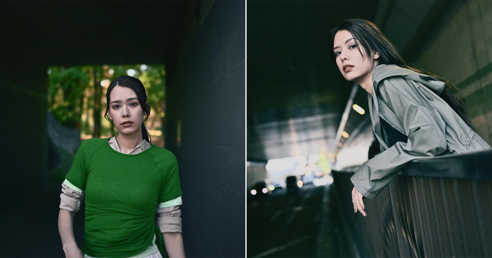 Split image: Left side shows a woman in a green shirt standing in a dimly lit tunnel, looking at the camera. Right side shows the same woman leaning on a railing under a bridge, gazing thoughtfully to the side.