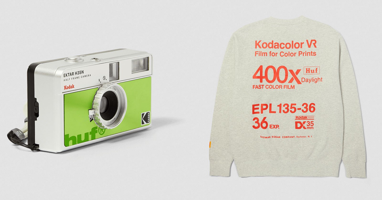 A vintage-style camera with a green and white design on the left. On the right, a gray sweatshirt features a retro film branding print in orange, resembling old Kodak film packaging, with large 400x and film details.