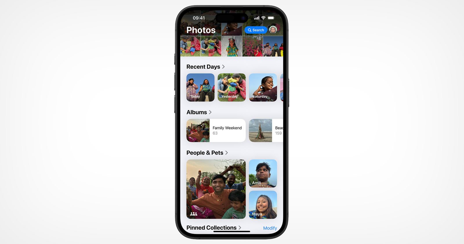 A smartphone screen displays a photo gallery app. It shows sections like Recent Days, Albums, and People & Pets, with various photo thumbnails, including landscapes, family, and pets. The top shows a search bar and time as 09:41.