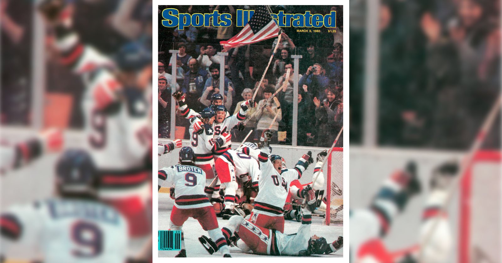 A triumphant hockey team celebrates on the ice with players raising their arms and an American flag. The text Sports Illustrated and the date March 3, 1980, are displayed at the top. Enthusiastic fans are visible in the background.