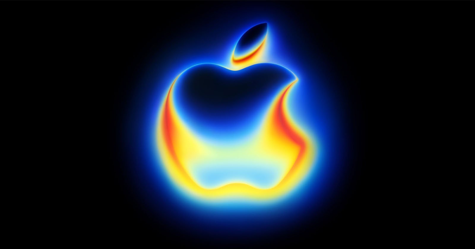 The Apple logo is shown glowing with vibrant blue, yellow, and red neon-like colors on a black background, creating a striking, colorful aura effect around the iconic shape.