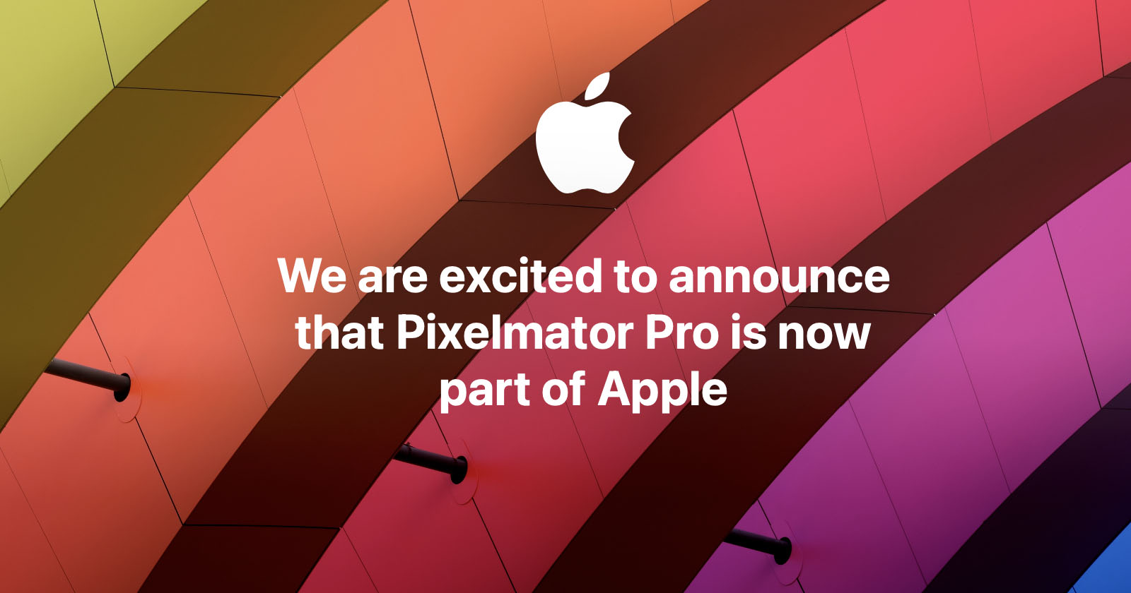 Colorful curved ceiling with an Apple logo and text: We are excited to announce that Pixelmator Pro is now part of Apple.