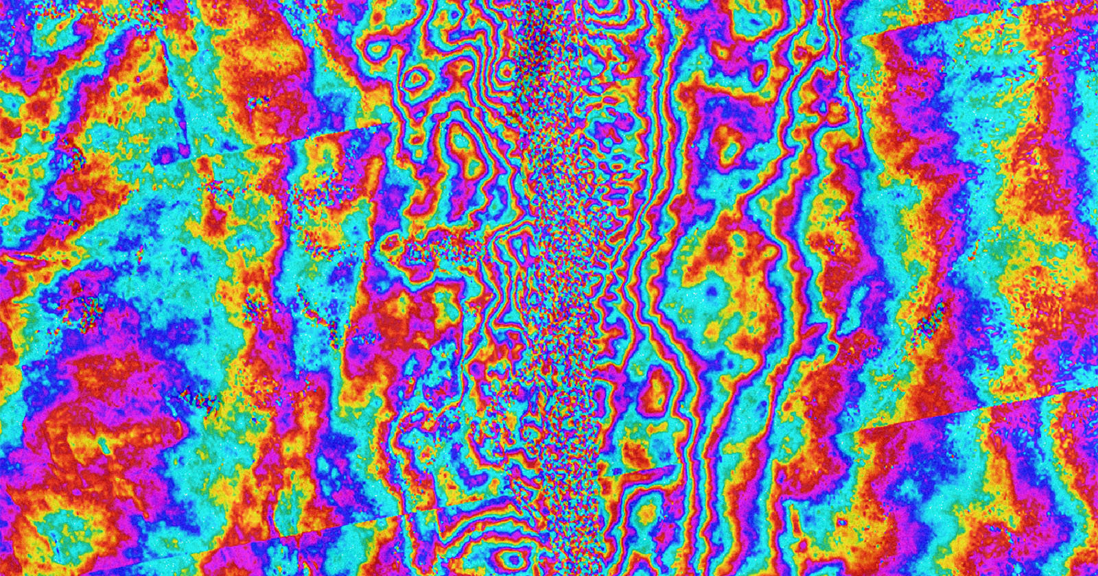 A colorful, abstract pattern with wavy, concentric lines in bright blue, red, yellow, and purple tones, resembling a heatmap or topographic map, with a central vertical stripe of intricate lines.