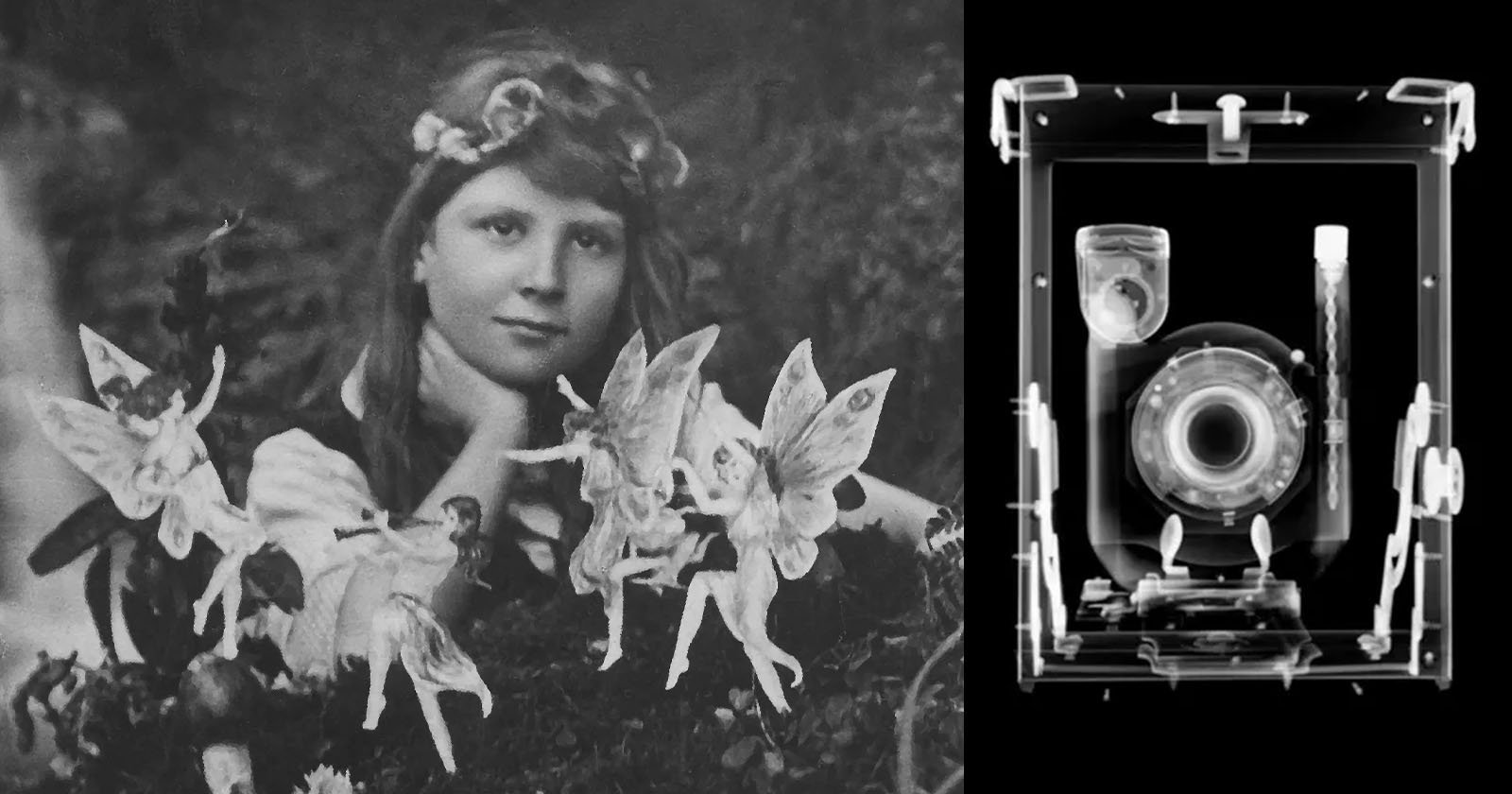 A vintage black-and-white photograph of a child leaning on one arm, surrounded by cutouts of fairies. The right side shows an X-ray image of an old camera, revealing its internal components.