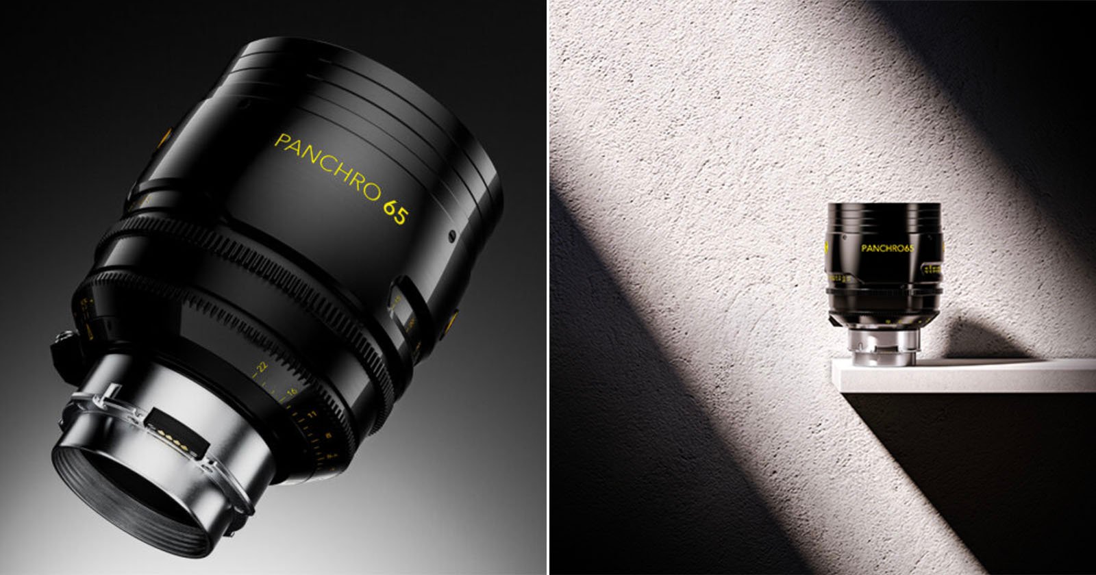 Split image: On the left, a close-up of a black Panchro 65 camera lens with yellow text on a dark background. On the right, the same lens stands on a ledge, illuminated by sunlight against a textured wall.