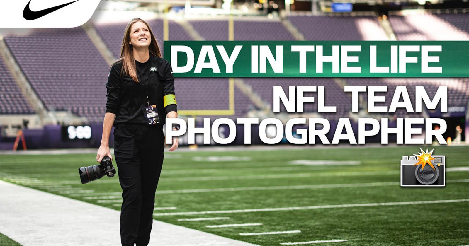 A woman holding a camera walks on a football field. Text reads, Day in the Life: NFL Team Photographer. Nike logo is in the corner. The background shows NFL field markings and a scoreboard.